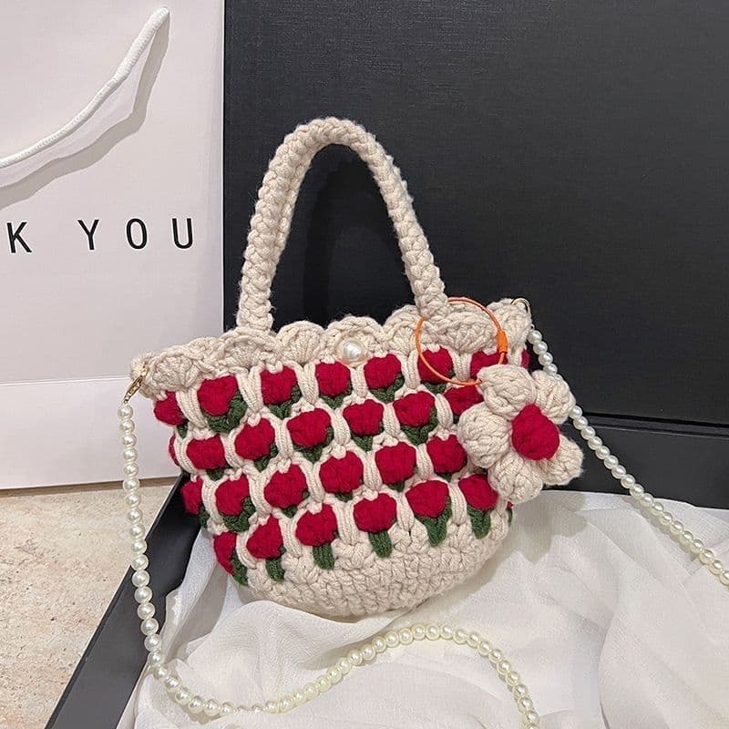 Bolsa transversal estilo chinês, mini bolsa tulipa tecida à mão, presente divertido para o verão.