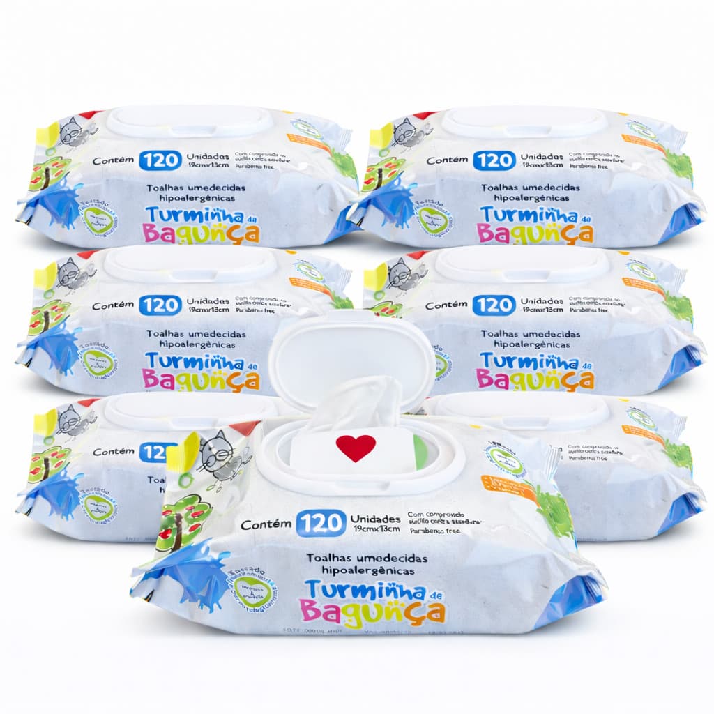 Kit 7 Lenços Umedecido Infantil Com Tampa Flip Top 120 Folhas - Limpeza Suave Pele Sensível Bebê - Turminha da Bagunça
