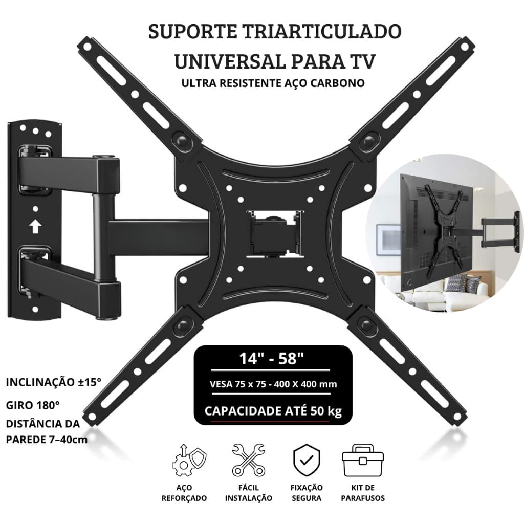Suporte Articulado para TV e Monitor de 14 a 55 Polegadas Compatível com LED PLASMA e LCD