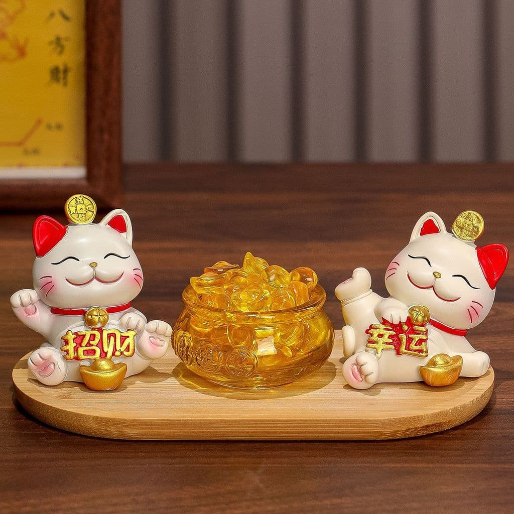 Gato da Sorte Decorativo com Moedas de Ouro Enfeite Mesa para Casa e Escritório Decoração de Sala Centro de Mesa
