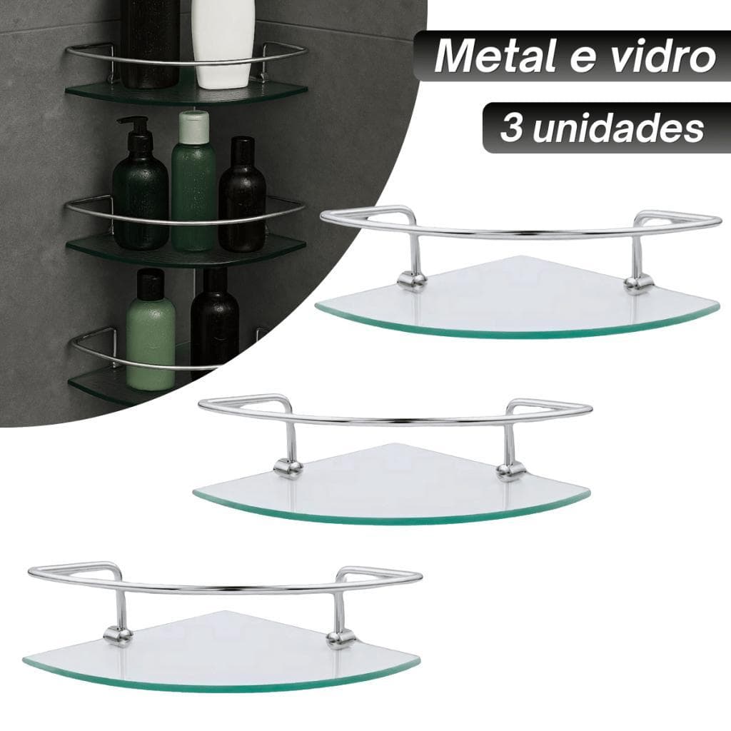 Prateleira Canto Banheiro Cromada com Vidro 6mm Porta Shampoo Veneza Premium
