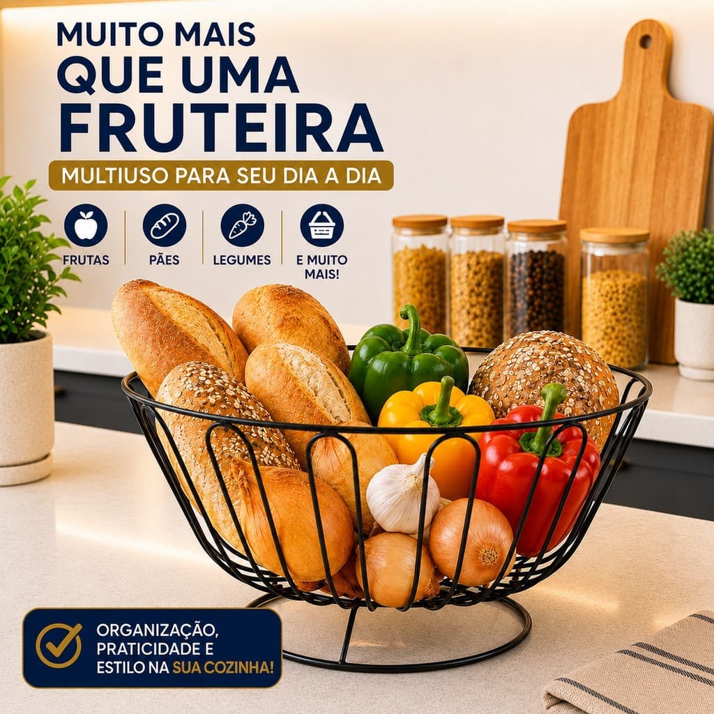 Cesto Fruteira Multiuso Aramado Preto Com Base Para Frutas Pães Legumes E Organização