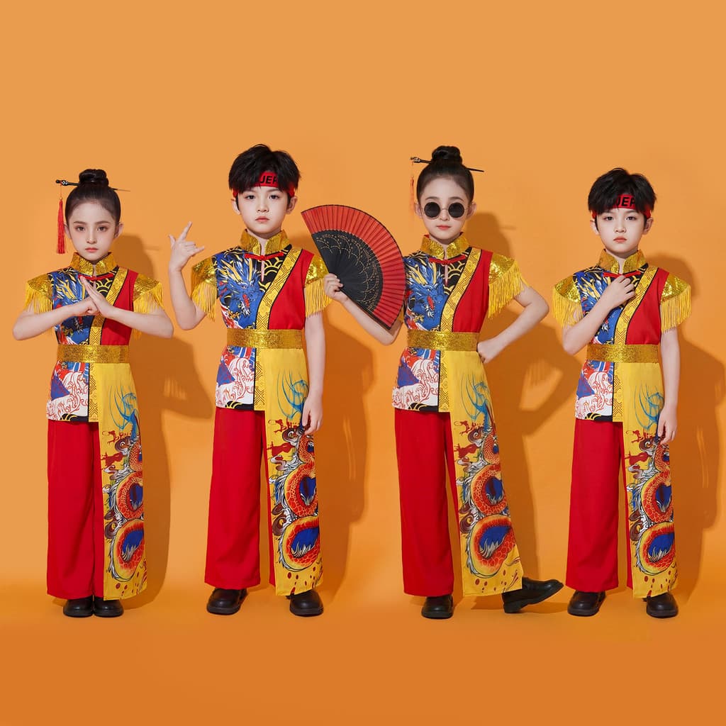 Trajes de apresentação infantis em estilo chinês para o dia 1º de junho, novas roupas de tendência nacional em estilo ch