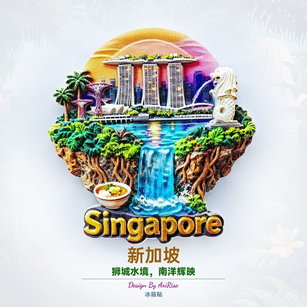 Ímã de Geladeira Singapura Ilha Sentosa Cachoeira Estátua Merlion Decoração de Casa Adesivo Magnético 3D Paisagem em Min