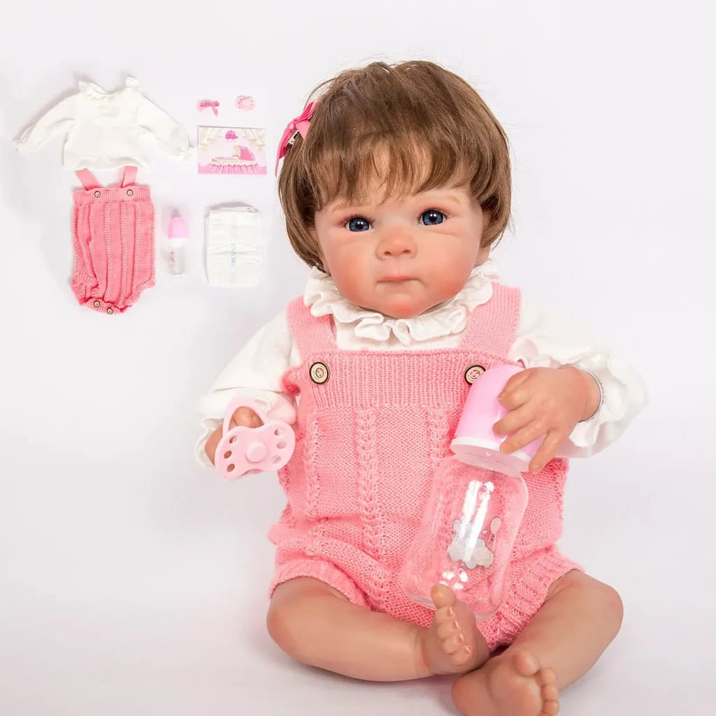 Boneca Bebê Reborn Menina 46cm Realista Silicone Olhos Azuis Rosa Princesa Pode Dar Banho