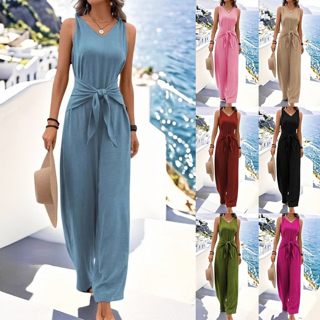 Feminino novo estilo comércio exterior com decote em V macacão de perna larga sem mangas atado colete macacão calças