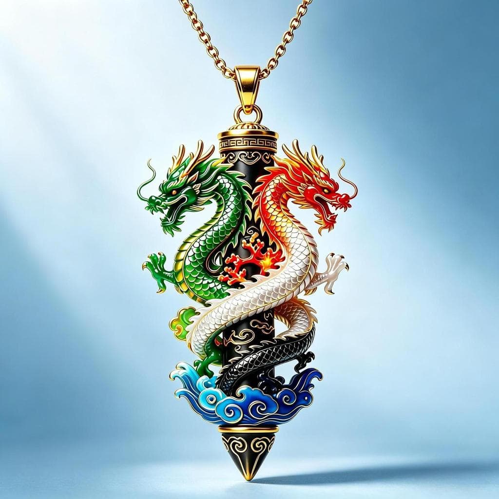 Pingente masculino em esmalte estilo chinês com dois dragões, amuleto de dragão enrolado banhado a ouro, colar marcante