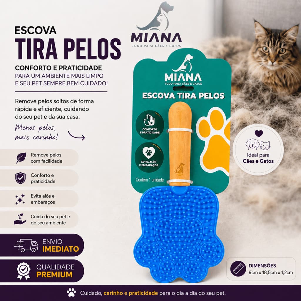 Escova Tira Pelo Pet Plastico PP TPR PREMIUM Cães Gatos Pelos Curtos Rasqueadeira