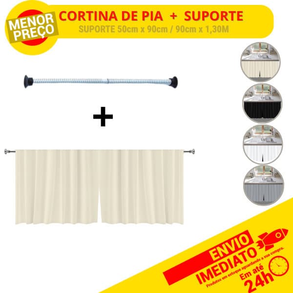 Kit Cortina Pia Cozinha + Varão Ajustável Saia Pia Gabinete Bancada Viés Organizador 50x90 90x130