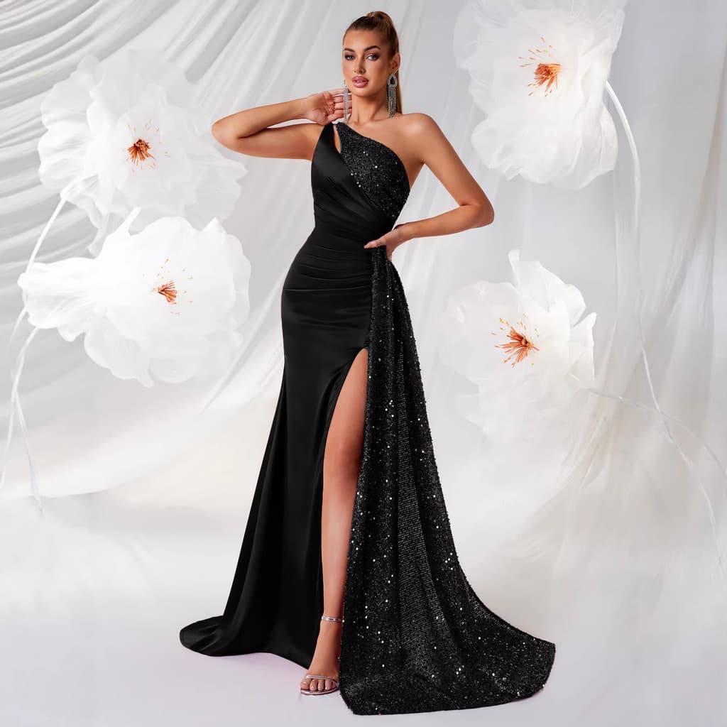 Vestido de noite europeu e americano de luxo leve e alta qualidade, com corte sereia, toque elegante, ombros à mostra e