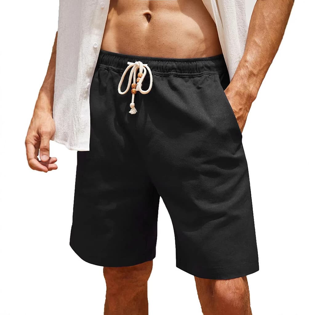 Shorts masculinos europeus americanos algodão linho amarrado Plus Size bolso calças casuais shorts