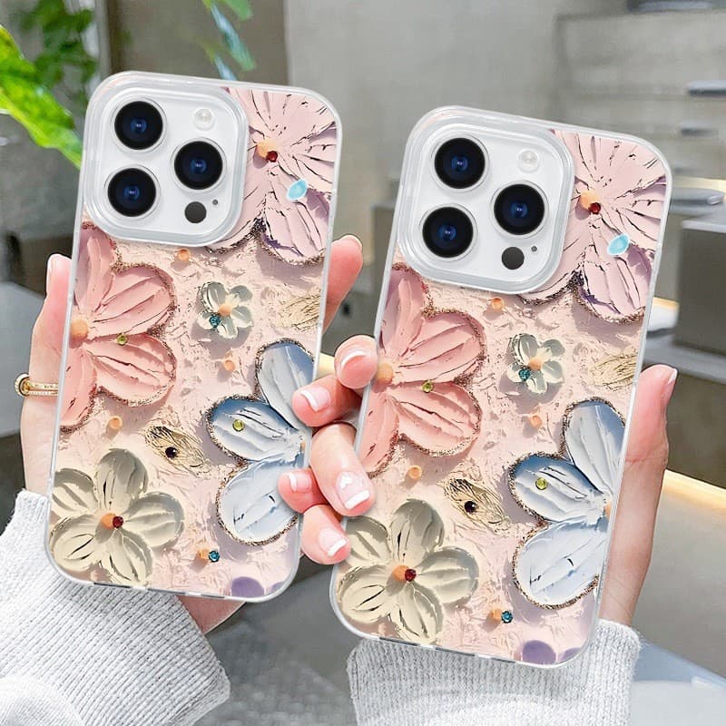 Pronta Entrega |   Capa de Telefone com Pintura a Óleo Azul de Casal de Flores para iPhone 16 Pro Max / 15 Pro / 14 / 13