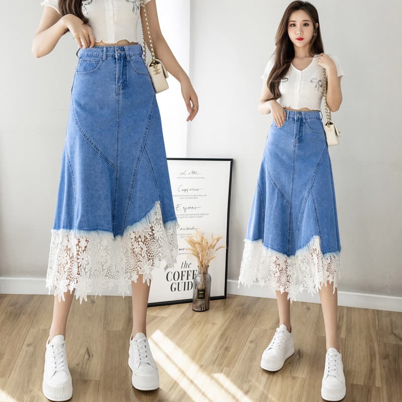 Primavera verão 0 versão coreana cintura alta renda estilo ocidental comprimento médio a linha guarda-chuva saia jeans f