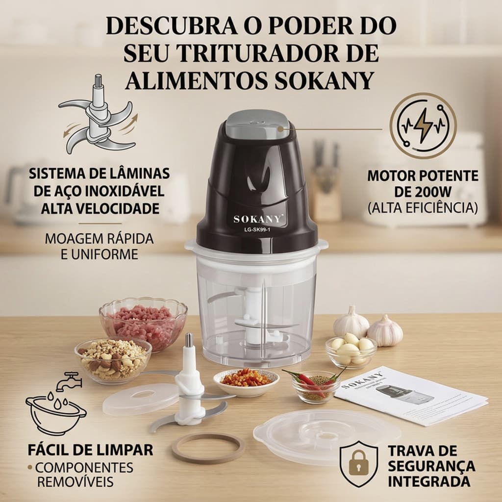 Mini Processador Triturador Elétrico 110V 200W Para Alho Cebola Legumes E Temperos Com Copo Aço Inox