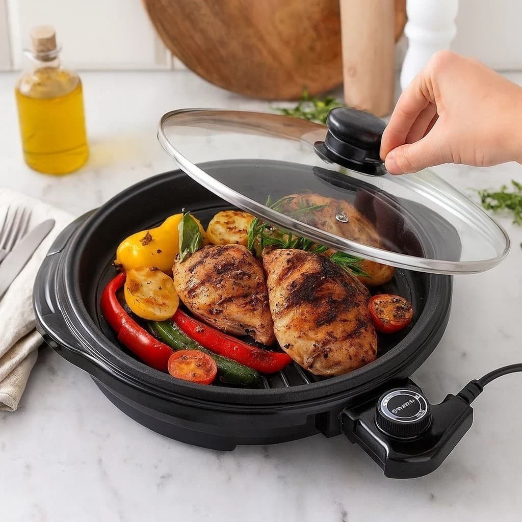 Grill Elétrico Redondo Preta Churrasqueira Grelhador Carne Assadeira Eletrodoméstico Saudáveis