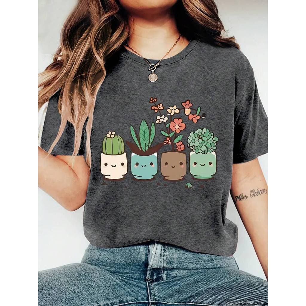 Camiseta feminina de verão | Estampa fofa de vaso de planta em desenho animado, gola redonda, confortável e macia