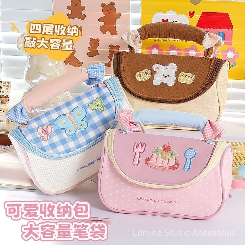 Estojo de Lápis Fofo com Estampa de Borboleta e Corações em Estilo Color-Block, Bolsa de Armazenamento Multicamadas, Gra