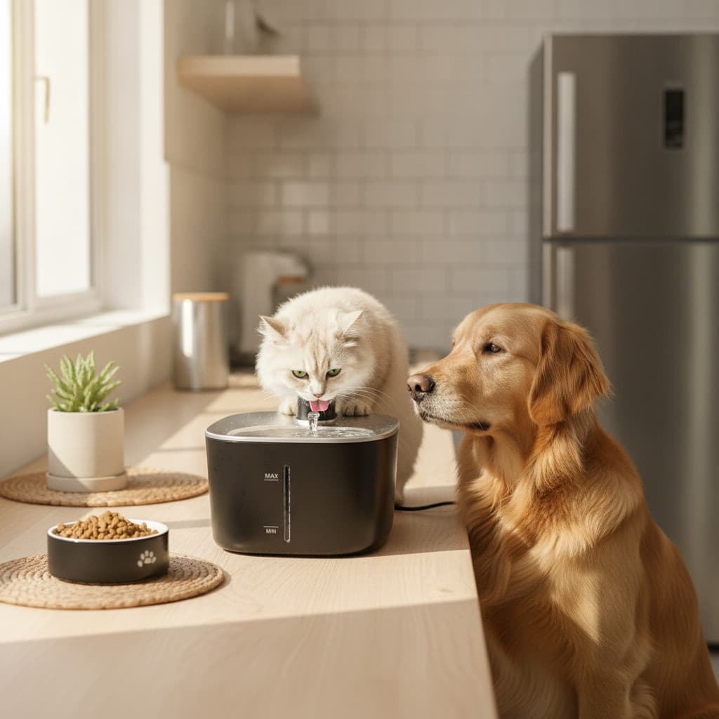 Dispensador de Água Premium Sem Fio para Cães e Gatos | Aço Inoxidável Preto | Previne Acne Fel