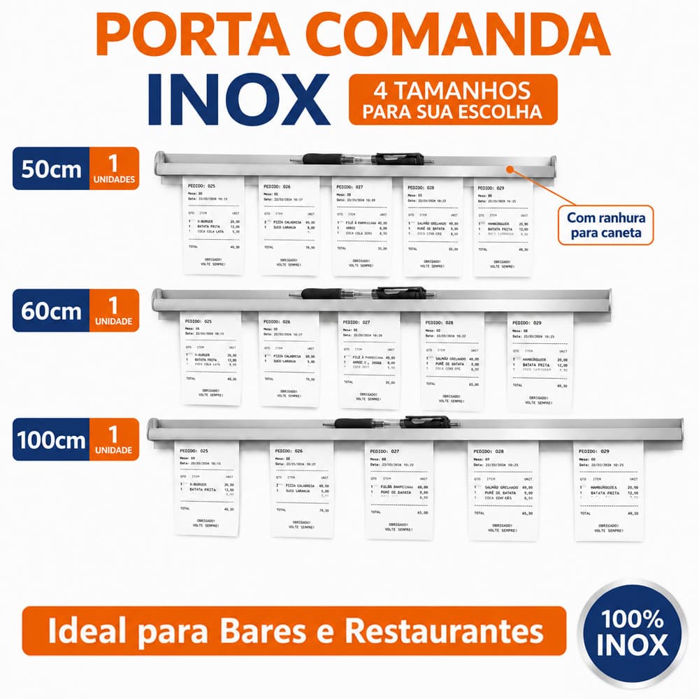 Porta Comanda de Mesa Inox para Restaurante Bar Lanchonete Pizzaria Organizador de Pedidos