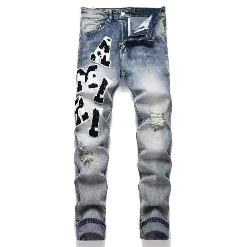 Novo Estilo De jeans Rasgados Masculinos High street streetwear Com Bordado , patchwork , Remendo De Couro , Estiramento