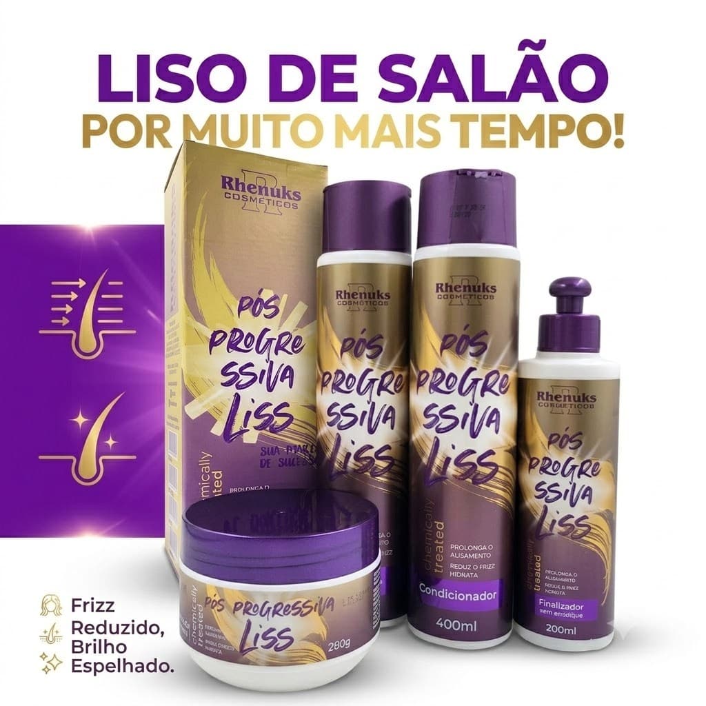 Kit com 4 Pós Progressiva Rhenunks – Antifrizz, Nutrição e Manutenção do Liso Cabelos Liso