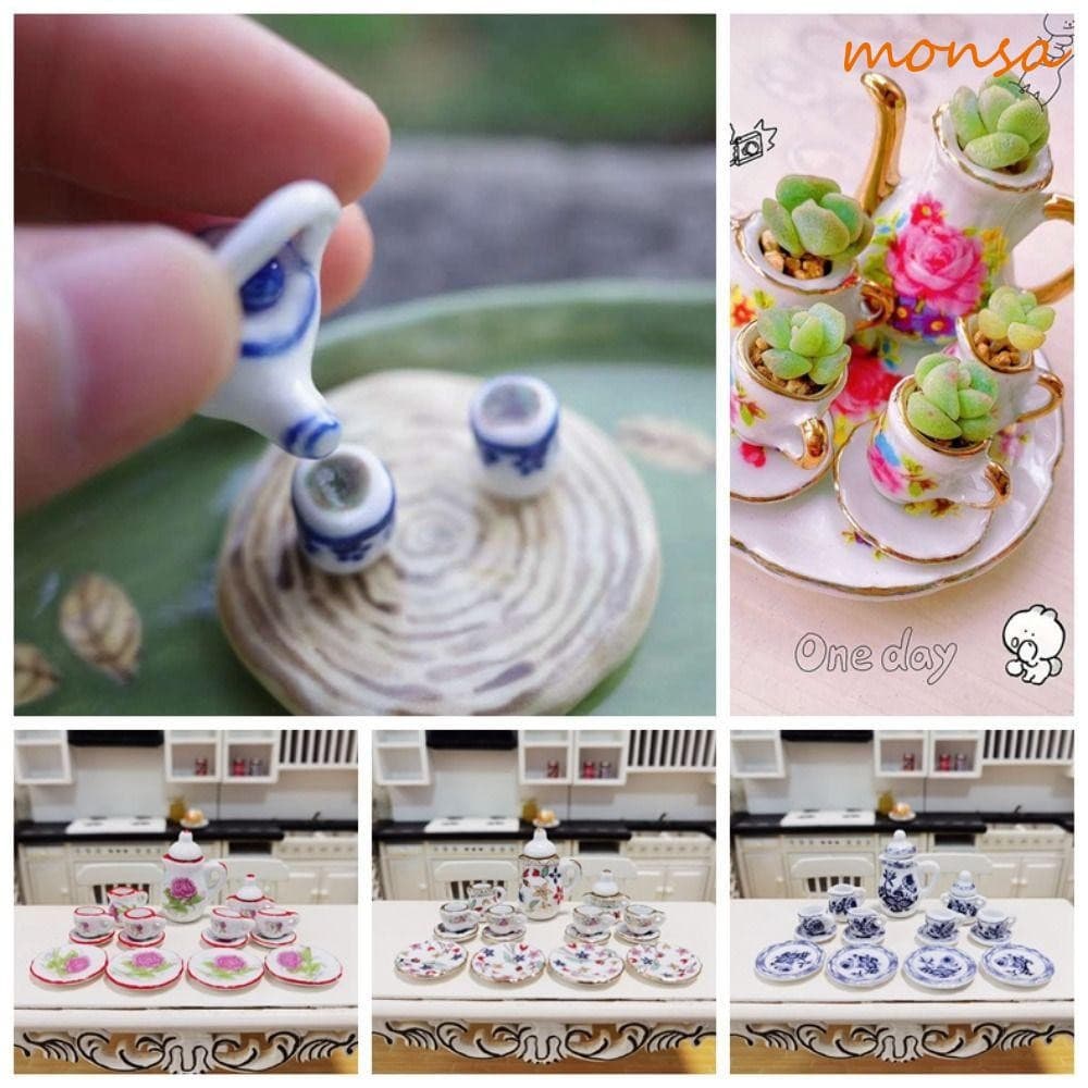 Conjunto de 15 peças de xícaras de chá em cerâmica em escala 1:12 da MONSA, utensílios de mesa para casa de bonecas, mod