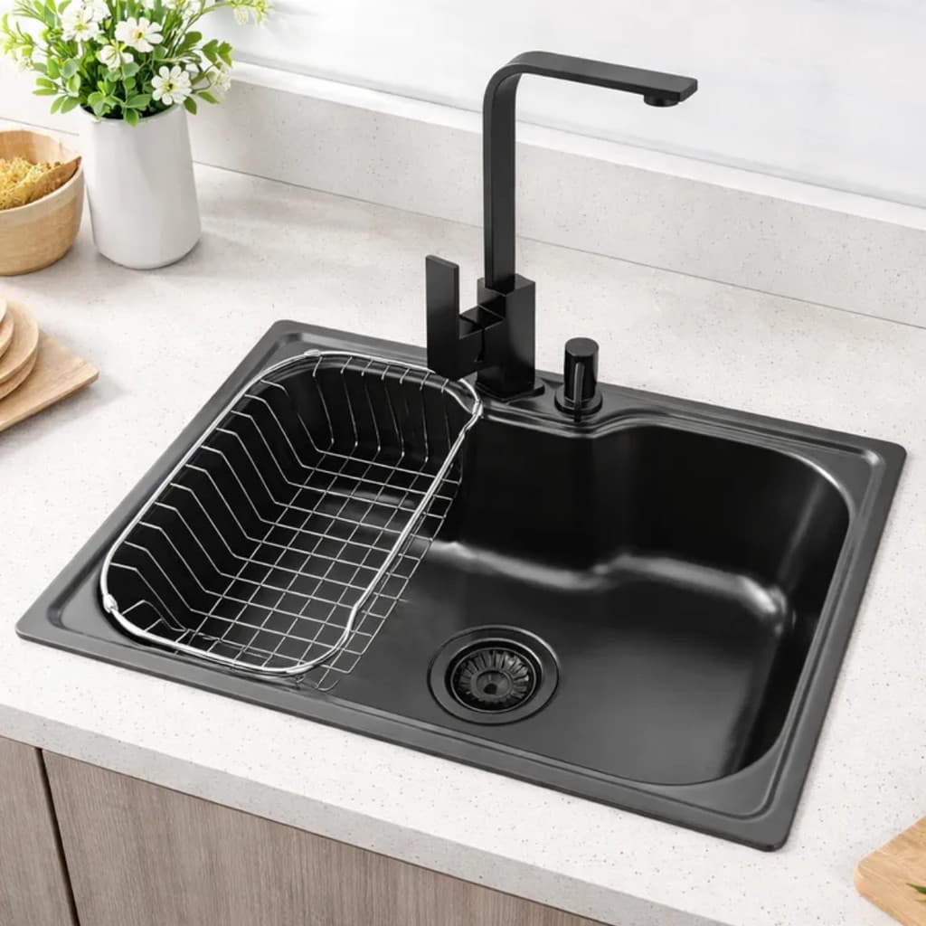 CUBA COZINHA AÇO INOX 60X42CM E TORNEIRA GOURMET SLIM BLACK