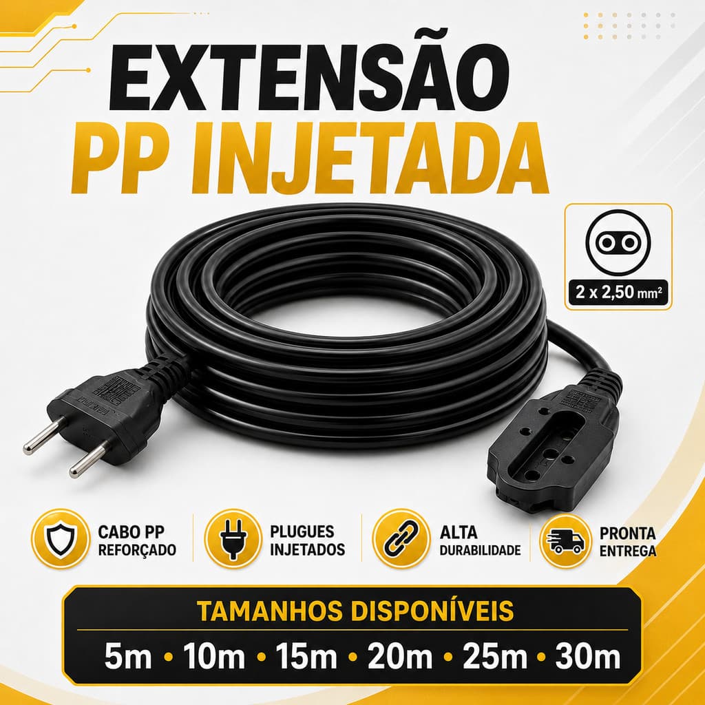 Extensão Elétrica Cabo PP Injetada 2x2,50mm² Reforçada 5m 10m 15m 20m 25m 30m Preta