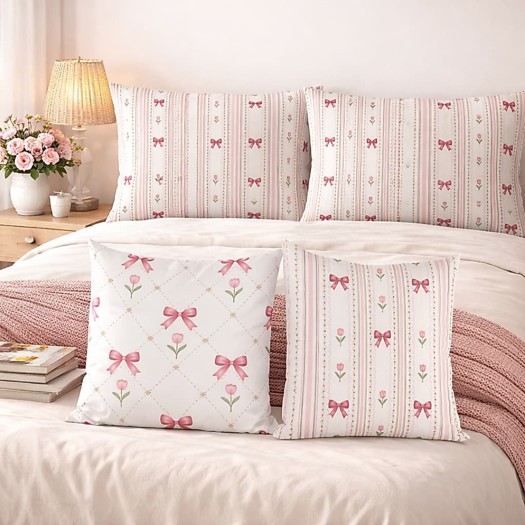 Capa de Almofada 45x45 + Fronha 50x70 Estampa Tulipa com Laço Listrado | Opções