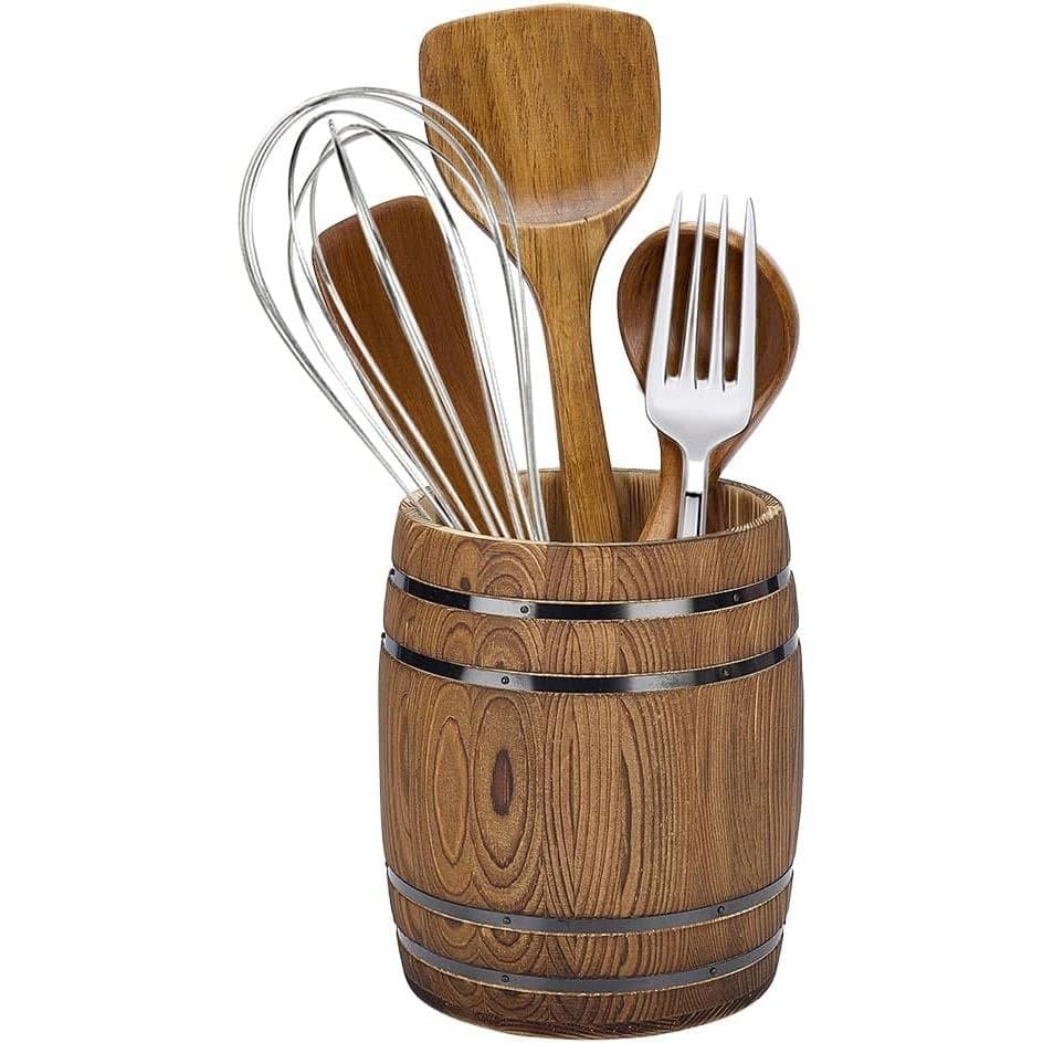 PH PandaHall Recipiente para Utensílios de Madeira em Formato de Barril, 6,5″x7,2″, Design de Barril de Vinho, Recipient