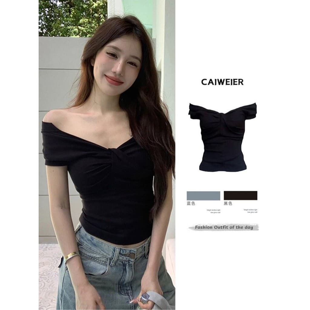 Camiseta preta de manga curta com um ombro fora do ombro fora do ombro verão estilo americano Slim fit