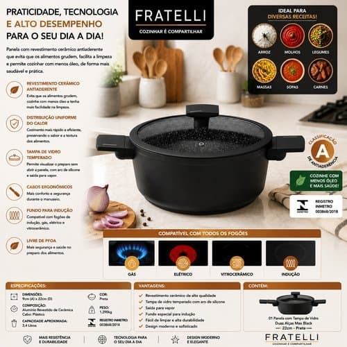 Panela Antiaderente Revestimento Ceramico Tampa Vidro Duas Alcas 24cm Preta