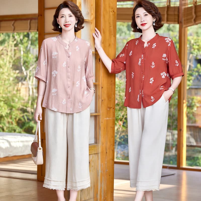 Mãe roupas de verão soltas estilo étnico mais magro olhar camiseta calças terno de meia-idade idosos feminino com decote