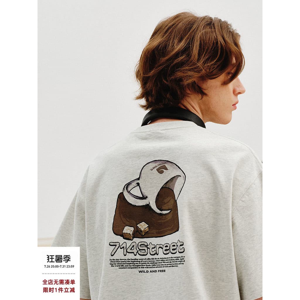 714street verão novo estilo americano Retro pesado 300g xícara de café impresso solto casal de manga curta camiseta masc
