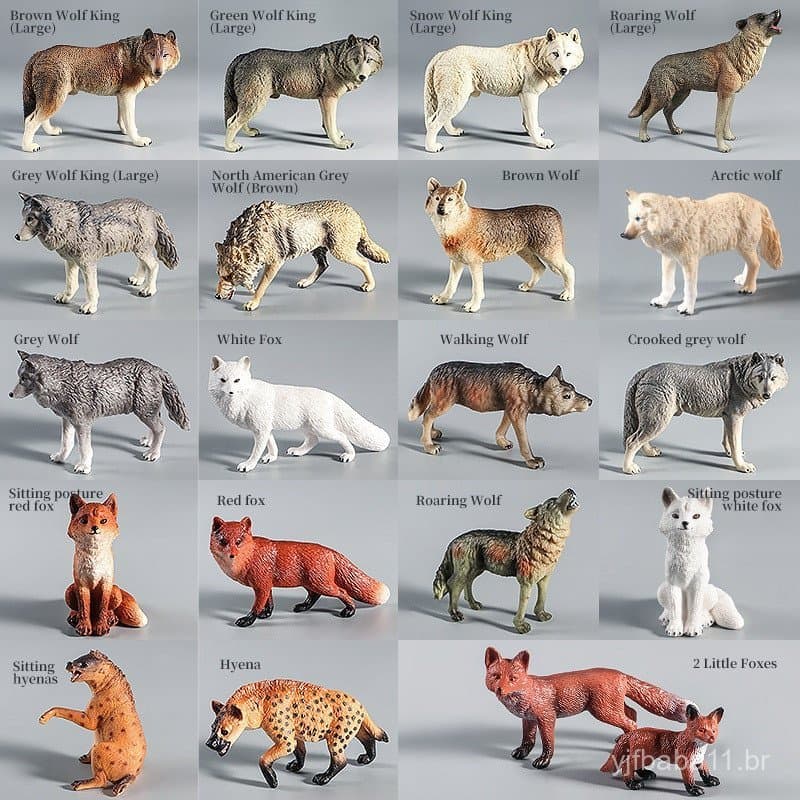 Modelos de Lobo, Raposa, Hiena - Figuras Realistas de Animais da Selva e Zoológico