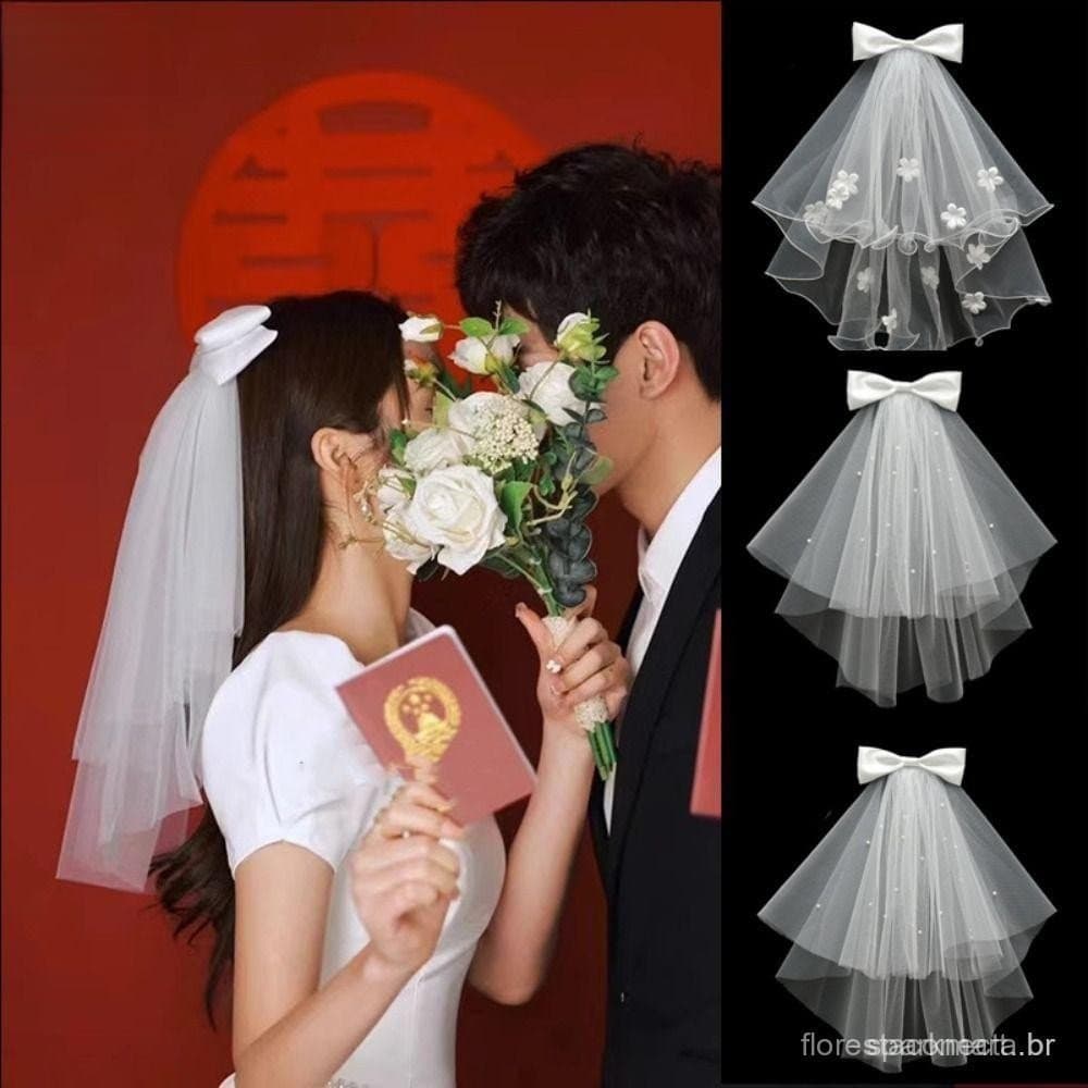 Véu De Noiva KCOV , Casamento De Pérola De Flor , Laço De Fita Simples , Camada Dupla , Cabeça , Gaze , Acessórios