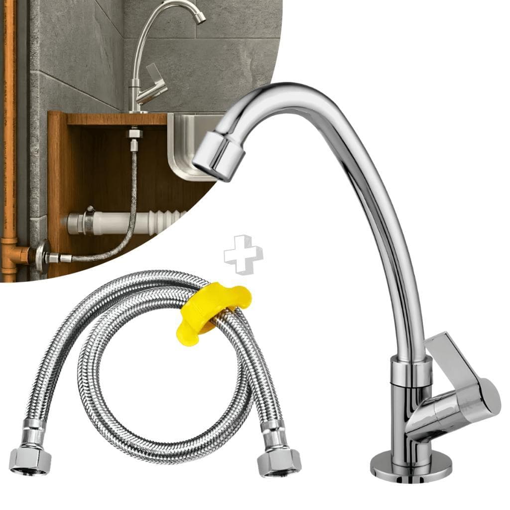 Kit Engate Flexível Inox 60cm Banheiro Arejador + Torneira Lavatório Cromada 1/4 Volta ABS