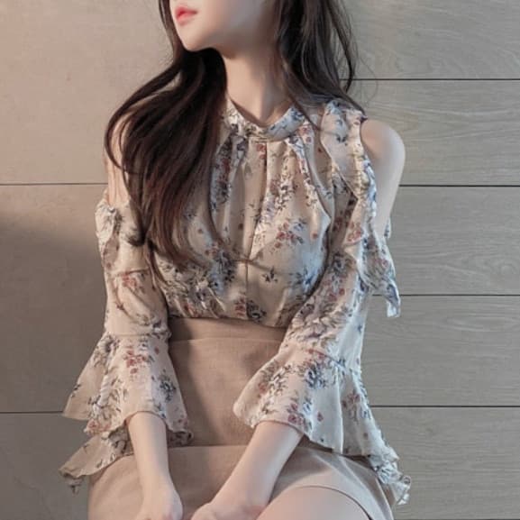 Camisa Floral Chiffon Verão Francês Sem Alças