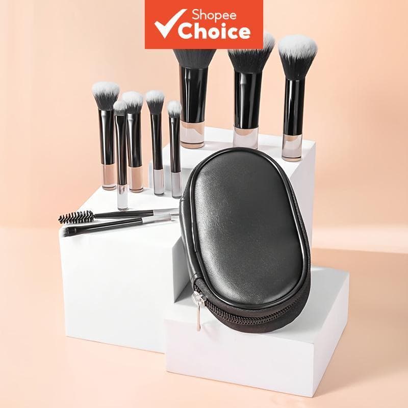Mini Pincel De Maquiagem Preto Com Cabo De Cristal Portátil , Conjunto De 10 Peças Para Base , Nariz , Blush E Iluminado