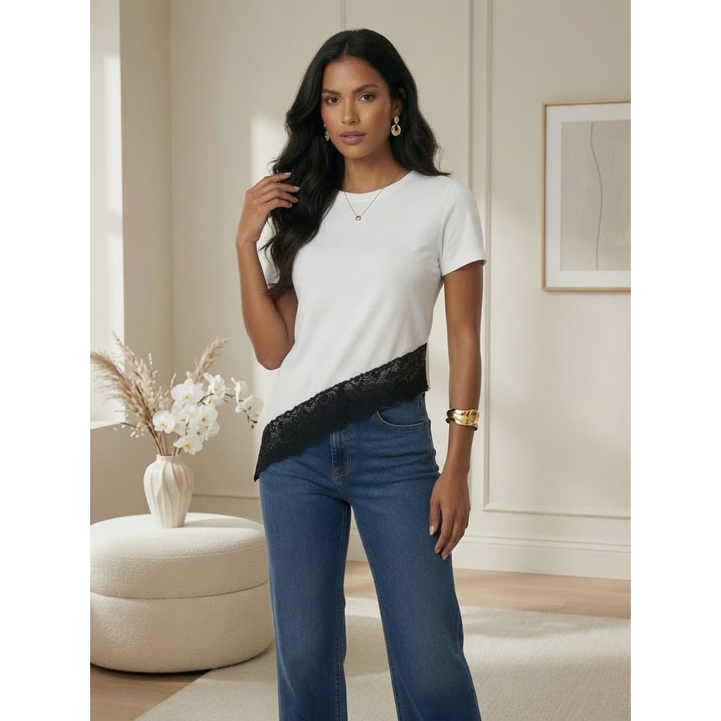 Blusa Feminina Algodão 100% Manga Curta Barra Assimétrica com Renda Casual Confortável Premium