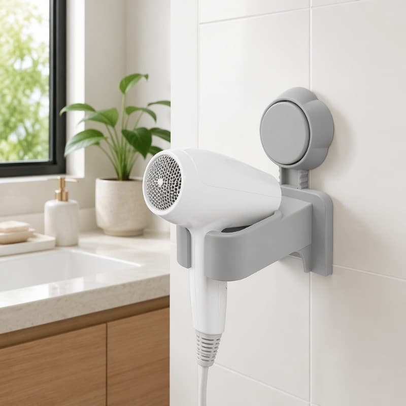 Suporte para Secador de Cabelo com Ventosa, Organizador de Parede 360° Ajustavel, Sem Furacao, Compacto para Banheiro