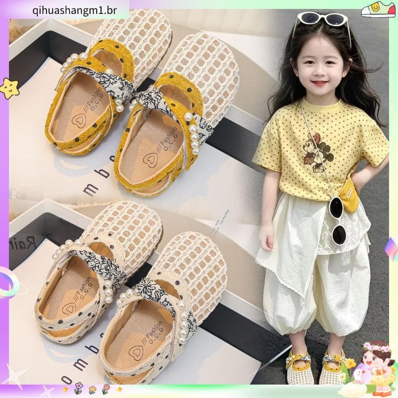 Meninas respirável malha pão Toe sandálias Floral pérola ornamentos sola macia antiderrapante médio pequeno crianças est