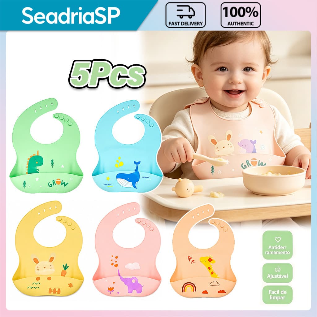 Kit 5 Babador de Silicone para Bebê, Modelo com Estampa de Animais, Bandeja Coletora de Alimentos, Ajustável