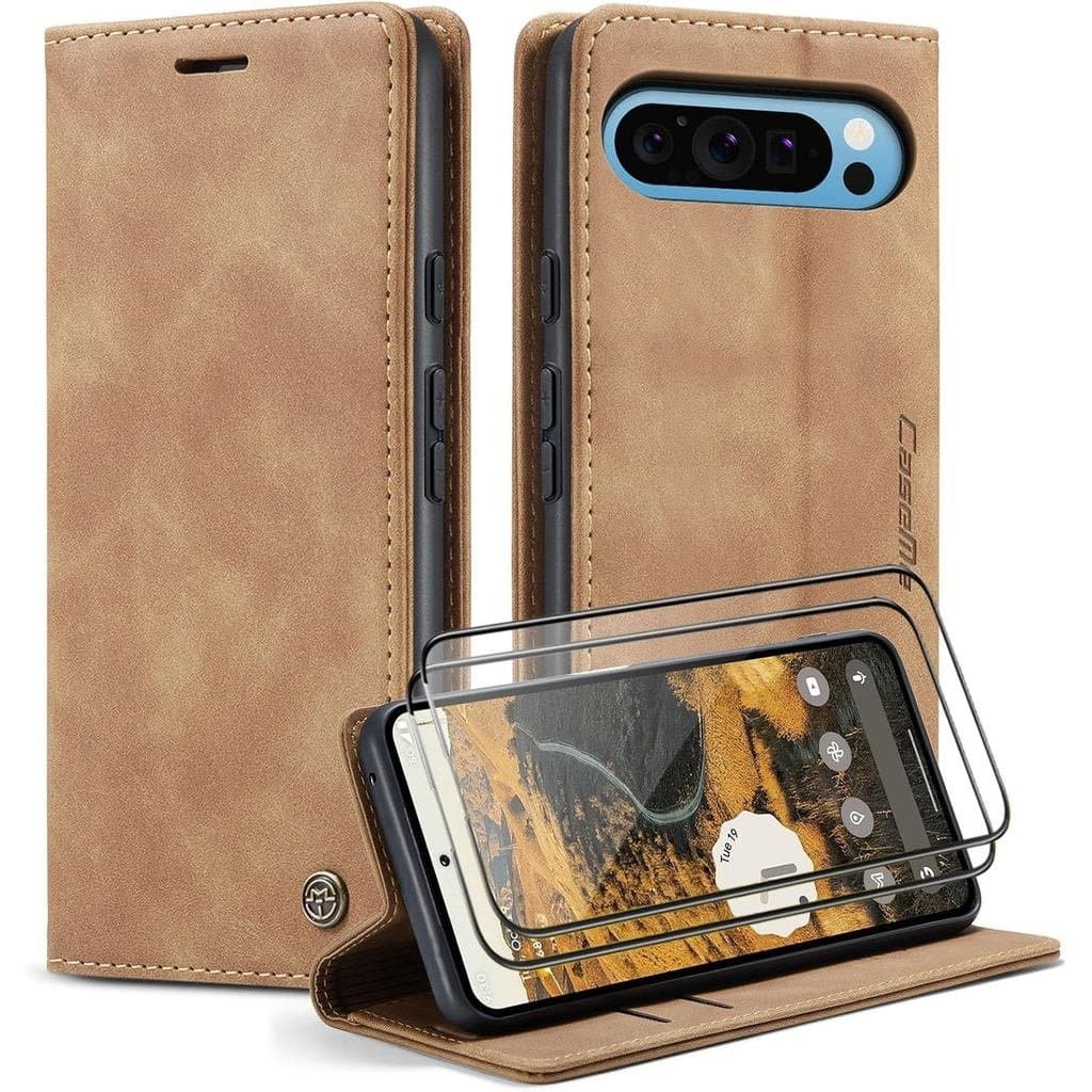 Capa para celular para 10ProXL/Pixel9ProXL [Com 2 peças de proteção de vidro temperado] [Couro PU premium] [Compartiment