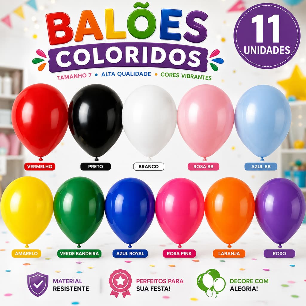 Kit 50 a 200 Unidades Balão Nº 7 Bexiga Lisa Decoração Festa 11 Cores Disponíveis tradicional São Roque