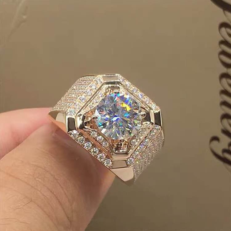 Anel Redondo de Zircônia Branca Brilhante, Anel de Casamento Vintage Dourado, Anel de Cristal Elegante para Homens e Mul