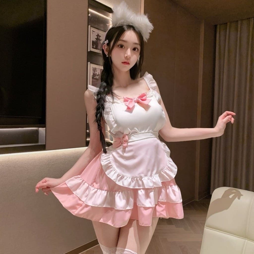 Doce bonito menina COS vestido de empregada vestido saia curta Pettiskirt bolo saia Bowknot avental terno feminino