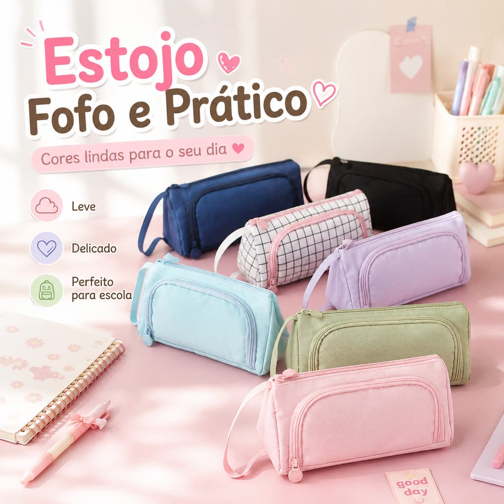 Estojo Escolar Feminino Kawaii Design Coreano Minimalista para Lápis Canetas e Materiais de Estudo