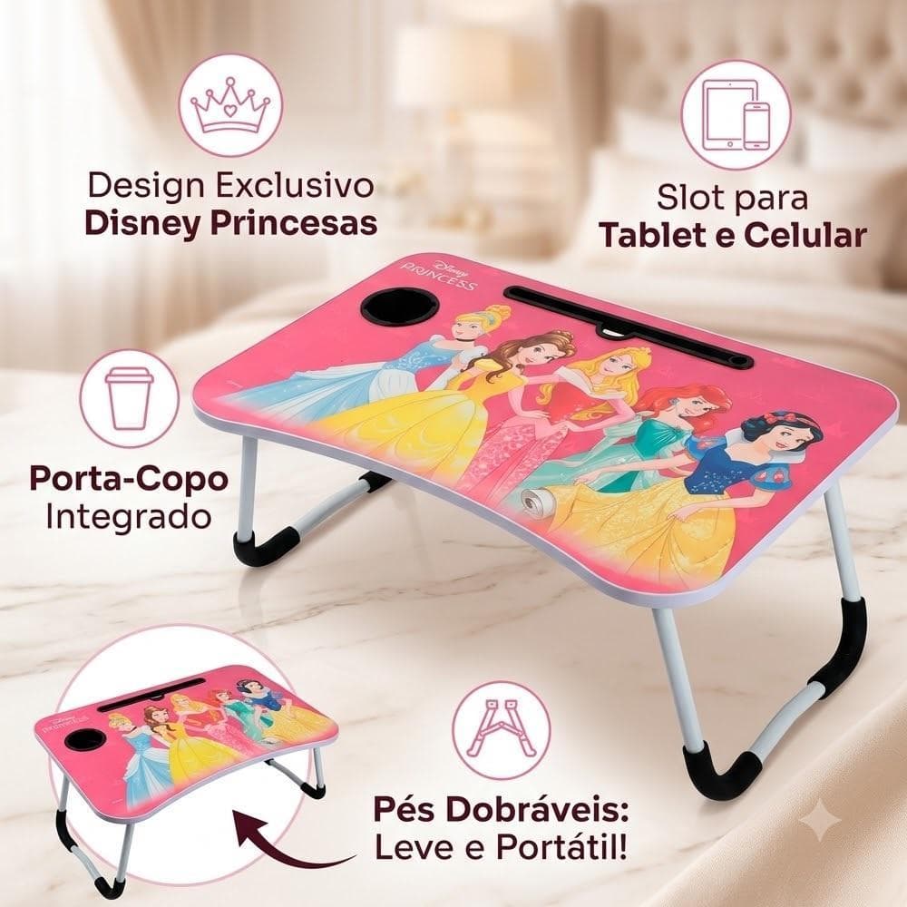 Mesa De Atividades Princesas Disney Dobravel Infantil Suporte Notebook Tablet Porta Copo Bandeja Cafe Da Manha Portatil