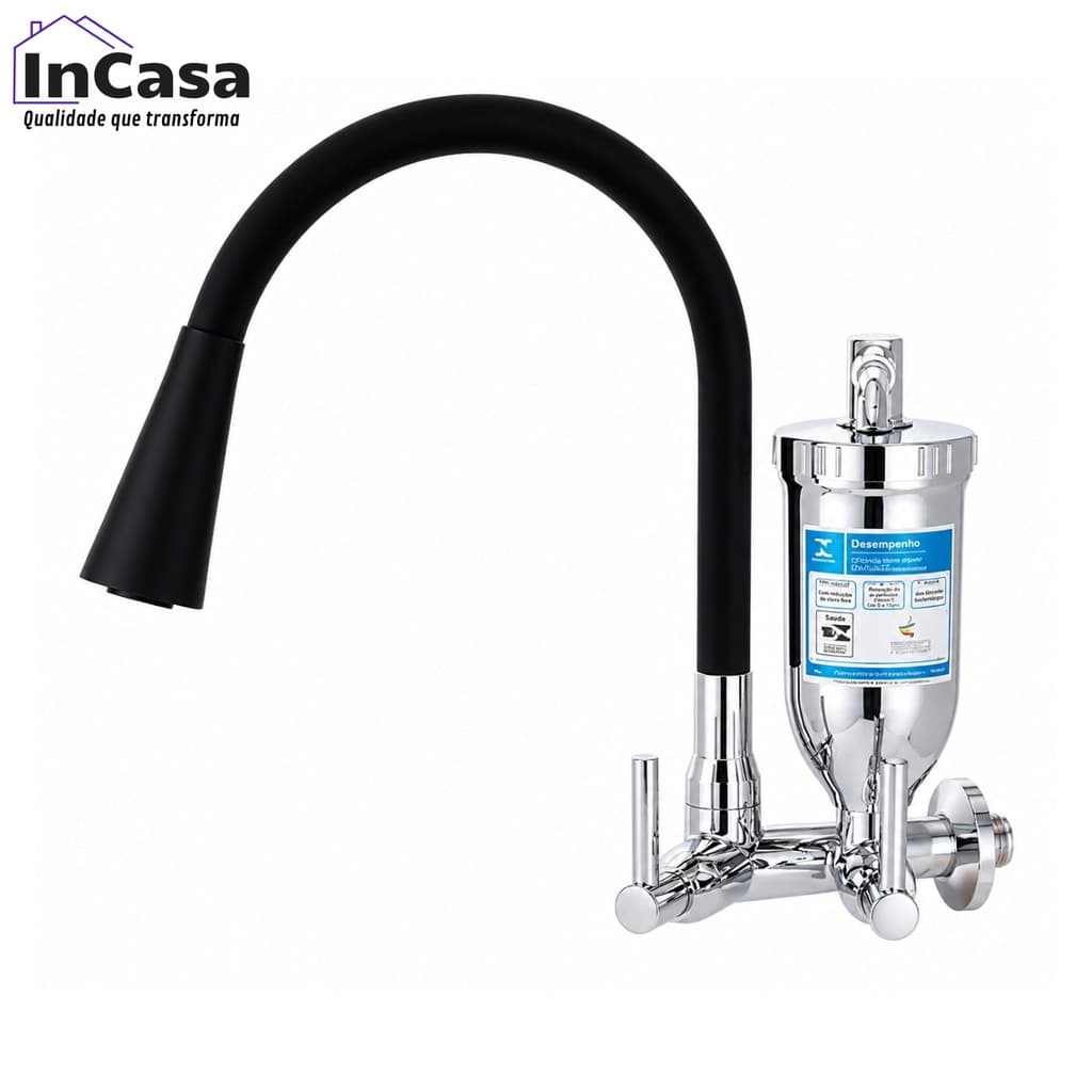 Torneira De Cozinha Gourmet Preta Cromada Com Bica Cone Flexivel De Parede